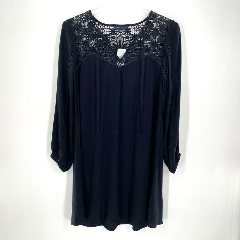 American Eagle Womens Tunic Top Dress Lace Detail V-Neck‎ Viscose Navy S Boho